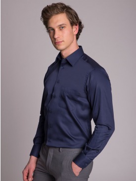 LACİVERT PAMUKLU SATEN KLASİK ERKEK GÖMLEK - REGULAR FIT